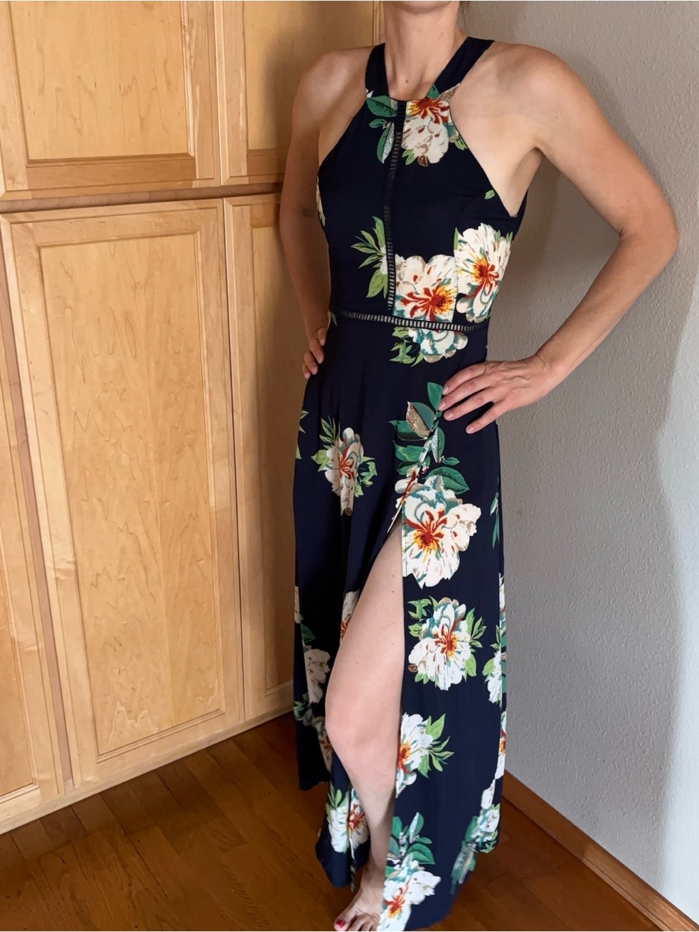 Navy Floral Open Back Halter High-Slit Dress